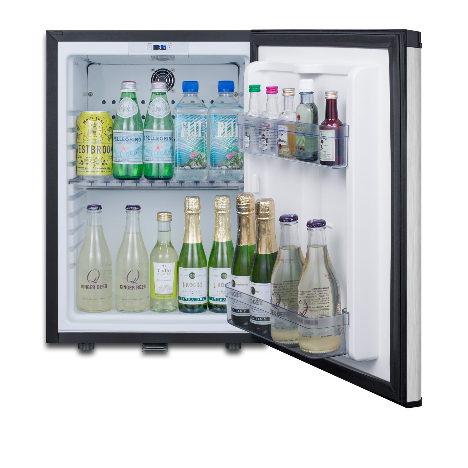 Compact minibar with reversible stainless steel door, front lock, and black cabinet